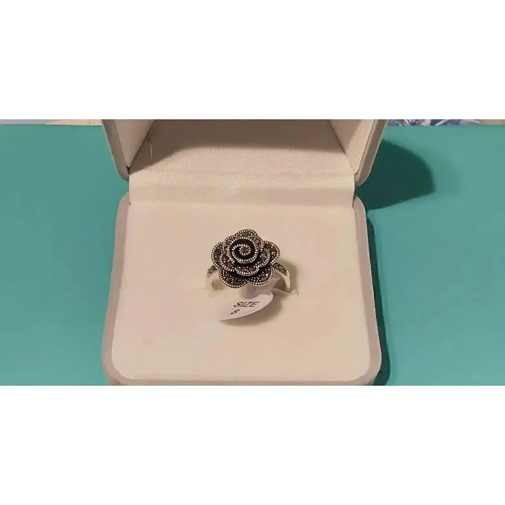 New~Sparkling Marcasite Gemstone Flower Design Ring Sz 8